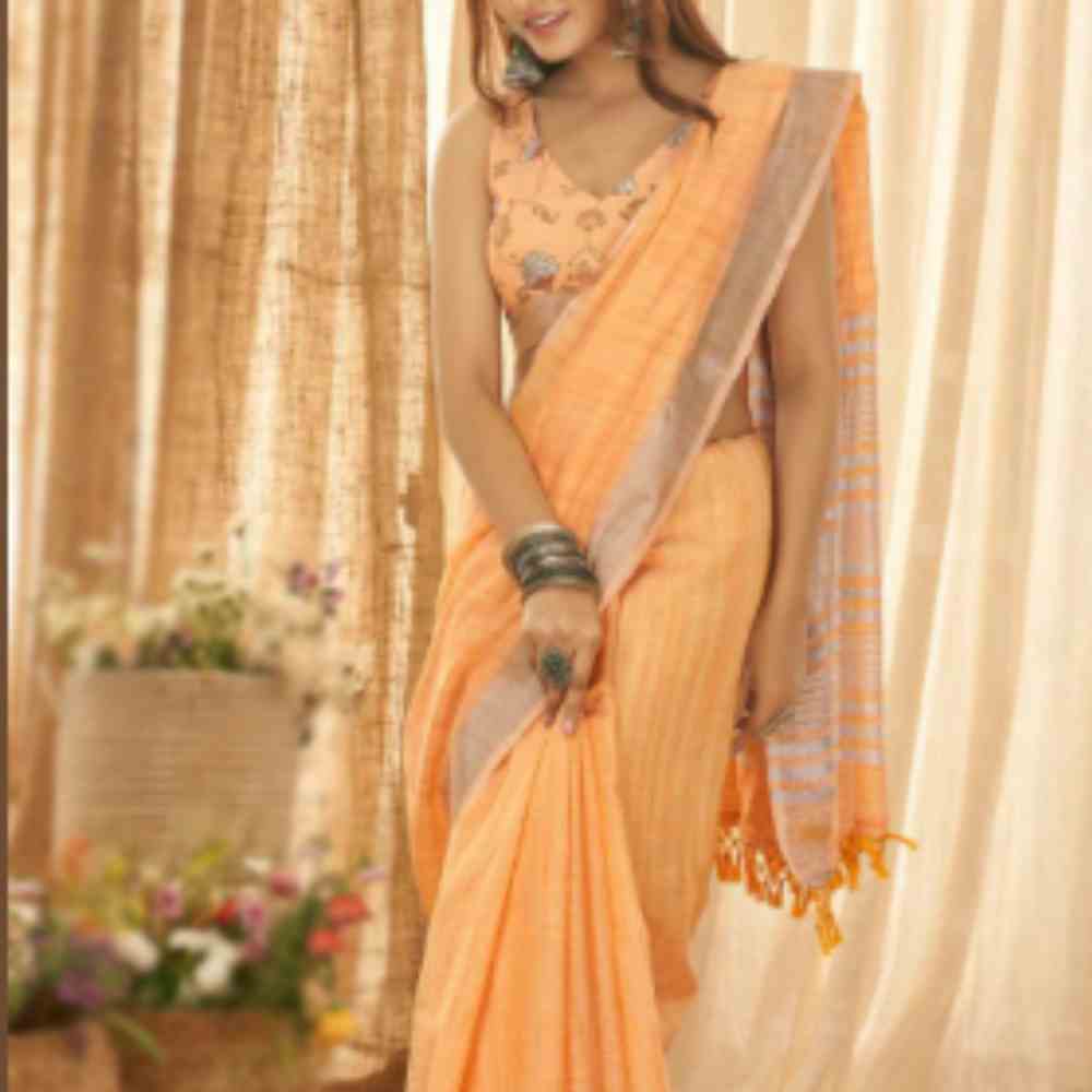 Pure Handloom Linen Orange Saree